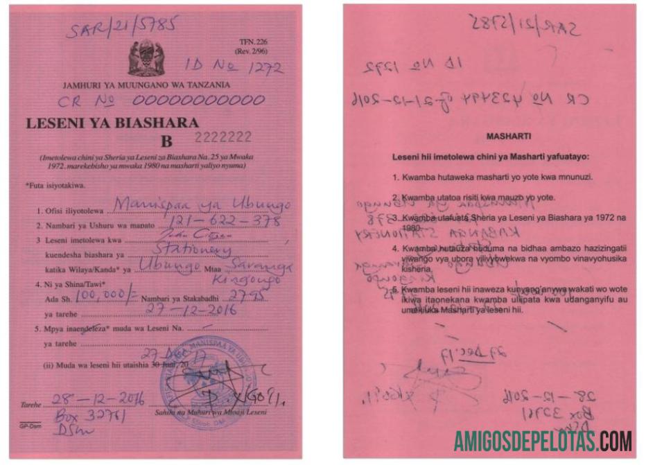 Licença comercial da TANZÂNIA) exemplo